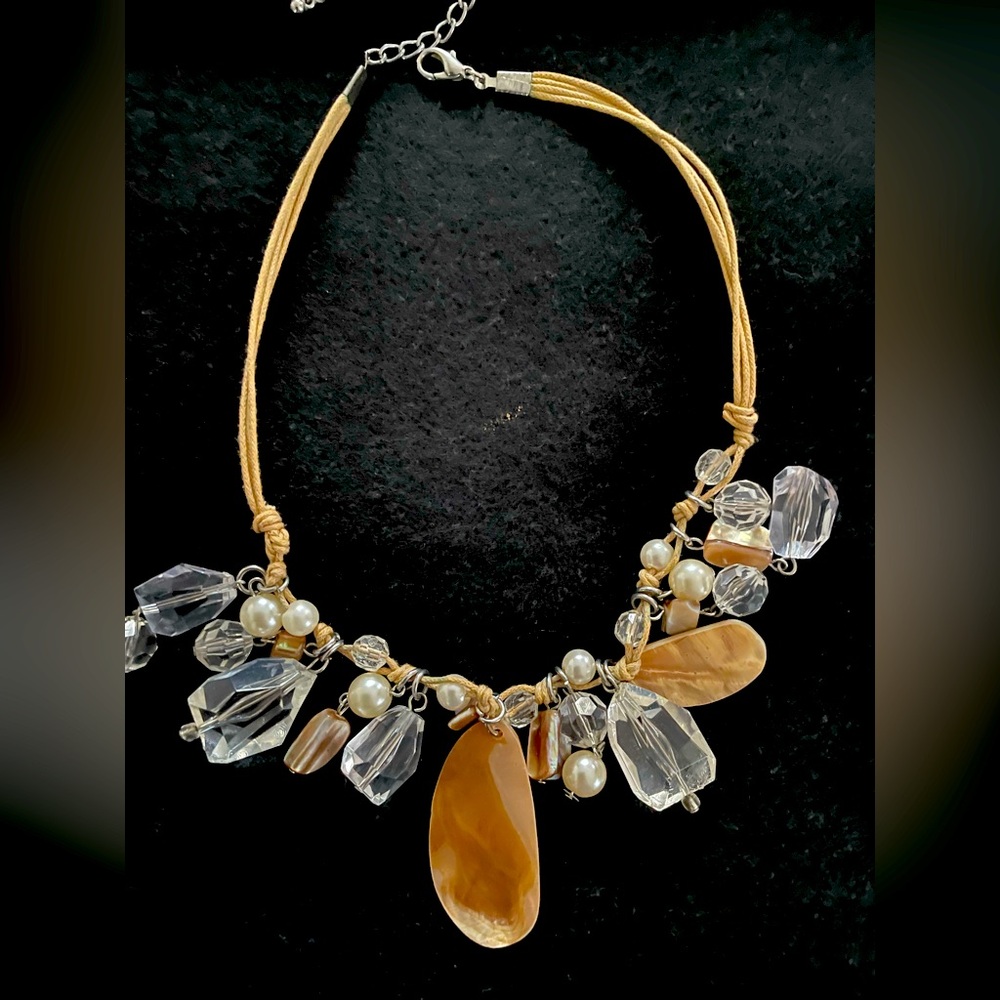 Abalone Shell/Leather Necklace Natural Organic Look-Faux Pearls, Beads